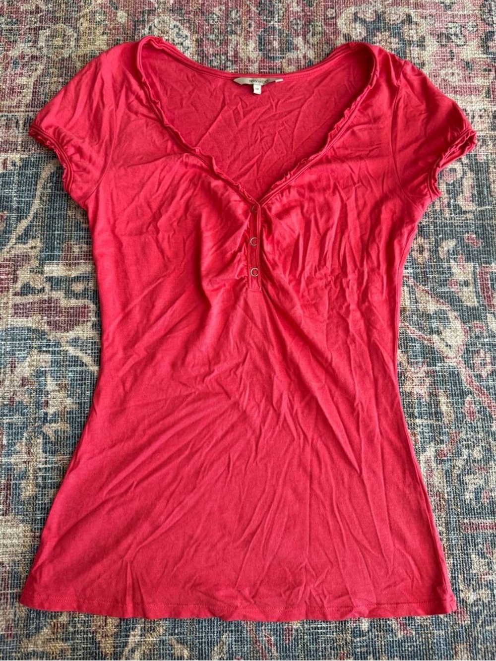 Women’s Short Sleeve Red V-Neck Henley Top